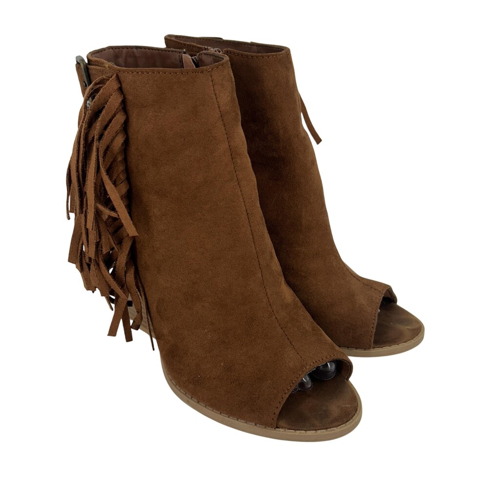 Qupid Boots Womens Size 8 Barnes-14A Suede Fringe Peep Toe Ankle Booties Boho